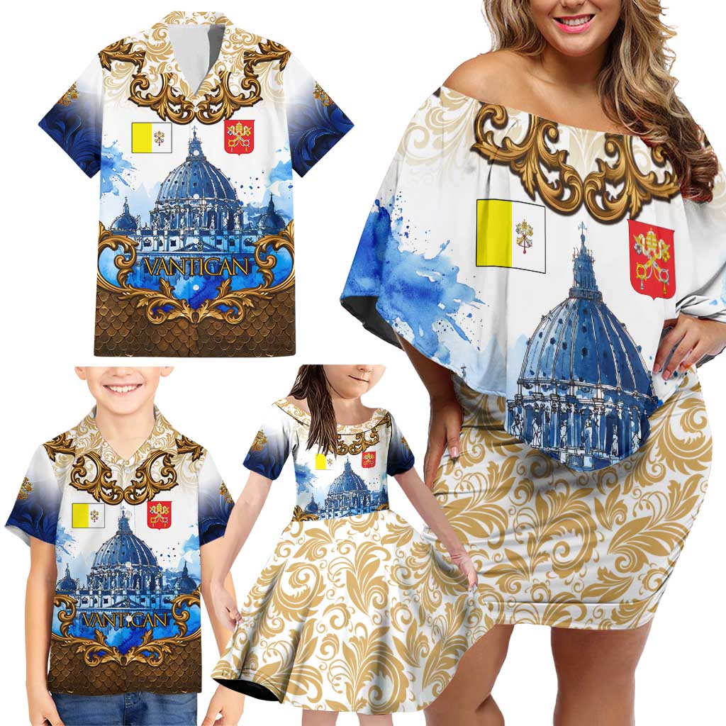 Vatican Baroque Family Matching Off Shoulder Short Dress and Hawaiian Shirt St. Peter’s Basilica & Catholic Flag Gold Ornate