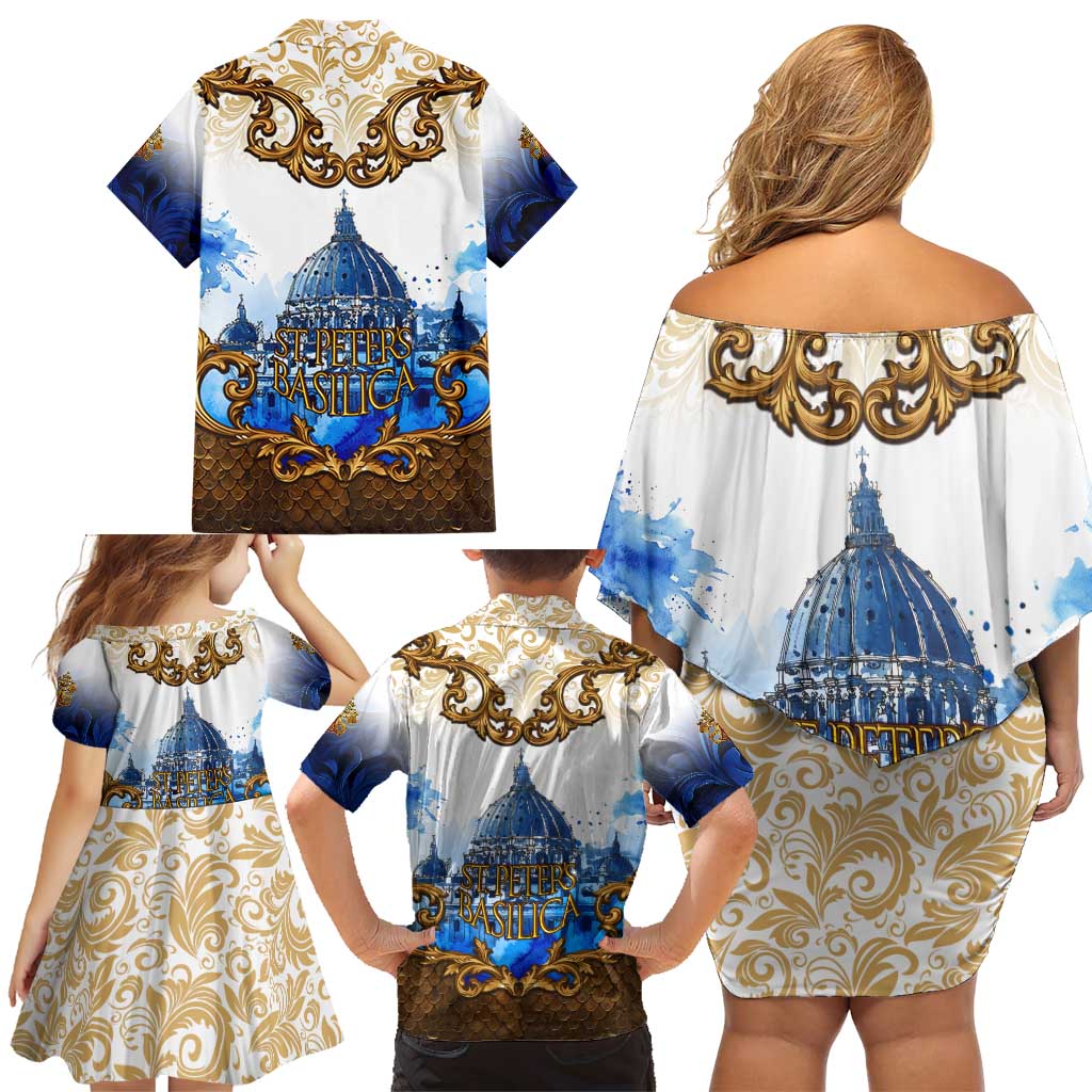 Vatican Baroque Family Matching Off Shoulder Short Dress and Hawaiian Shirt St. Peter’s Basilica & Catholic Flag Gold Ornate