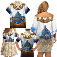 Vatican Baroque Family Matching Off Shoulder Short Dress and Hawaiian Shirt St. Peter’s Basilica & Catholic Flag Gold Ornate