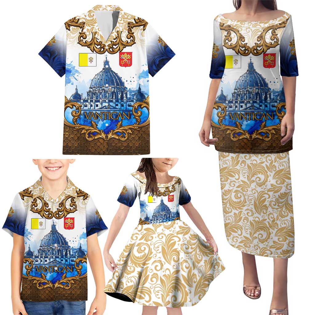 Vatican Baroque Family Matching Puletasi and Hawaiian Shirt St. Peter’s Basilica & Catholic Flag Gold Ornate