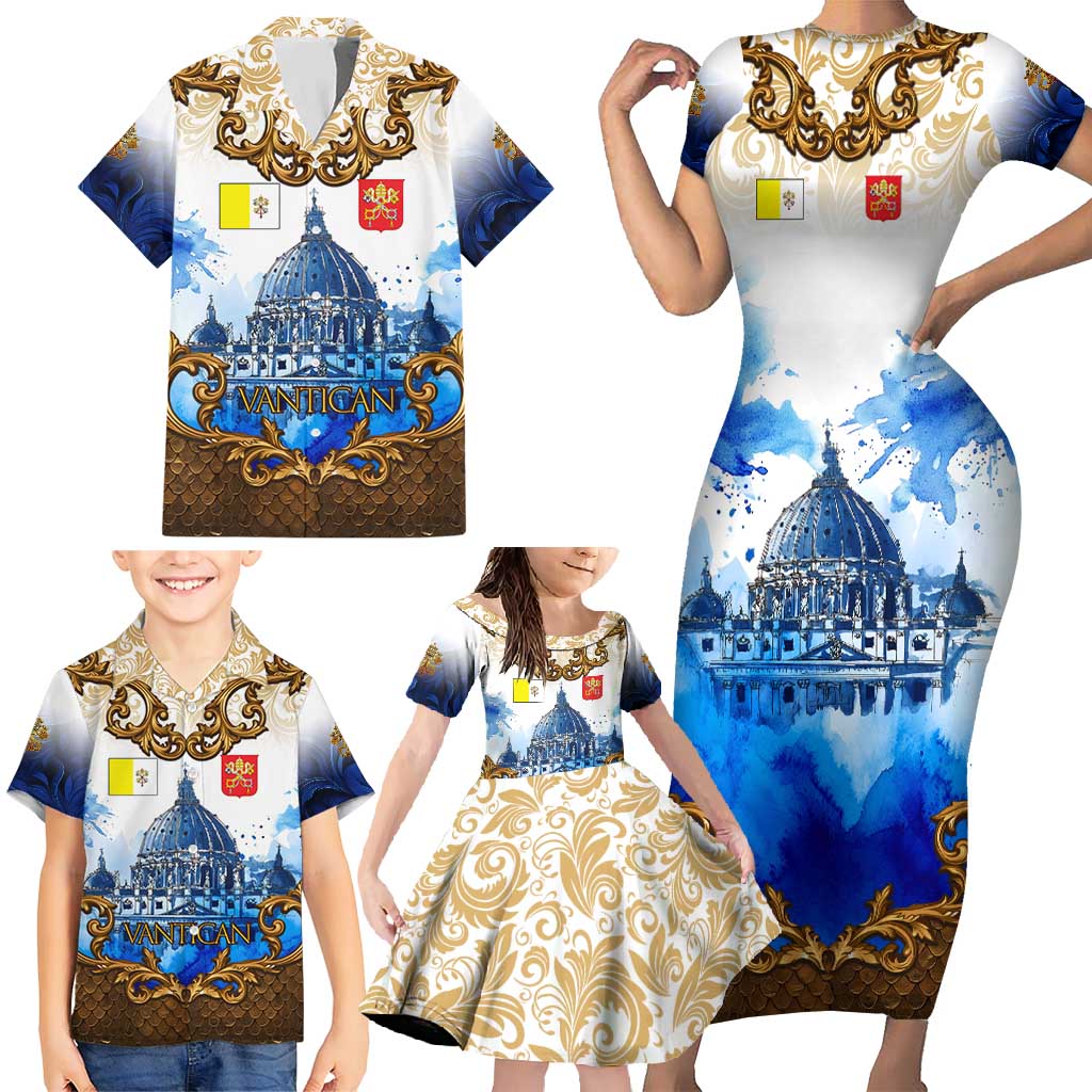 Vatican Baroque Family Matching Short Sleeve Bodycon Dress and Hawaiian Shirt St. Peter’s Basilica & Catholic Flag Gold Ornate