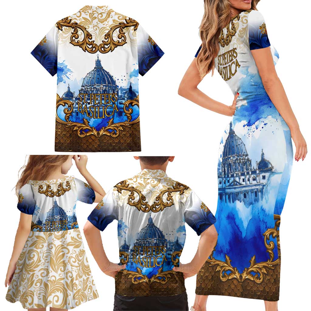Vatican Baroque Family Matching Short Sleeve Bodycon Dress and Hawaiian Shirt St. Peter’s Basilica & Catholic Flag Gold Ornate