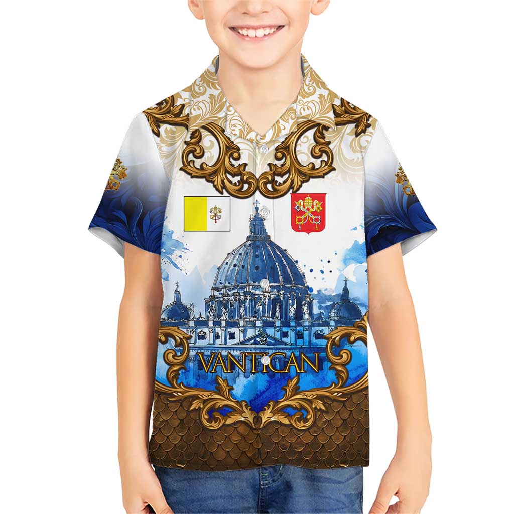 Vatican Baroque Family Matching Short Sleeve Bodycon Dress and Hawaiian Shirt St. Peter’s Basilica & Catholic Flag Gold Ornate