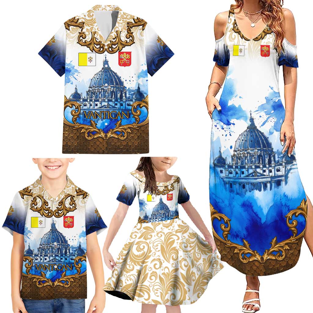 Vatican Baroque Family Matching Summer Maxi Dress and Hawaiian Shirt St. Peter’s Basilica & Catholic Flag Gold Ornate