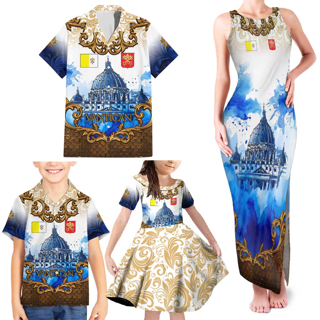 Vatican Baroque Family Matching Tank Maxi Dress and Hawaiian Shirt St. Peter’s Basilica & Catholic Flag Gold Ornate