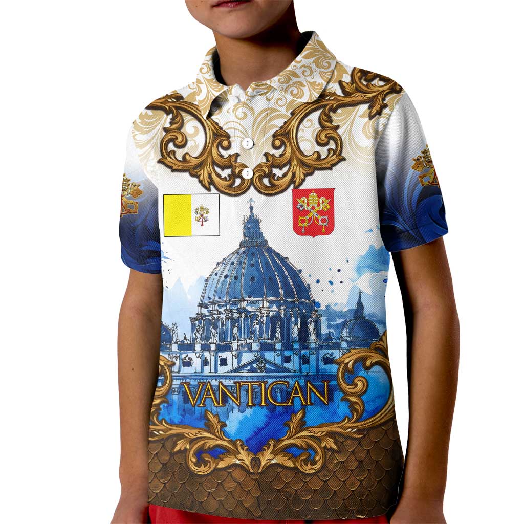 Vatican Baroque Kid Polo Shirt St. Peter’s Basilica & Catholic Flag Gold Ornate