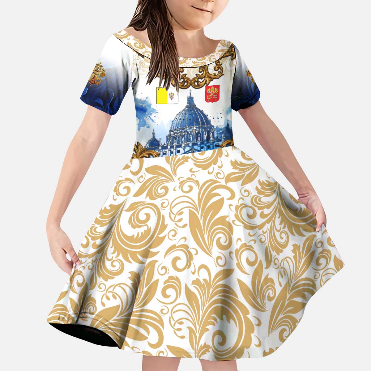 Vatican Baroque Kid Short Sleeve Dress St. Peter’s Basilica & Catholic Flag Gold Ornate