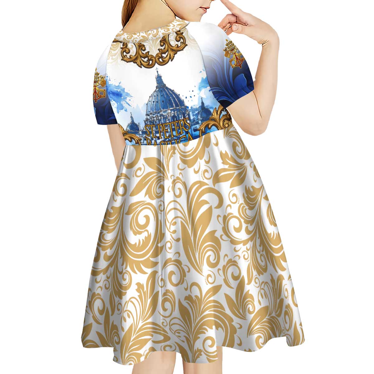 Vatican Baroque Kid Short Sleeve Dress St. Peter’s Basilica & Catholic Flag Gold Ornate