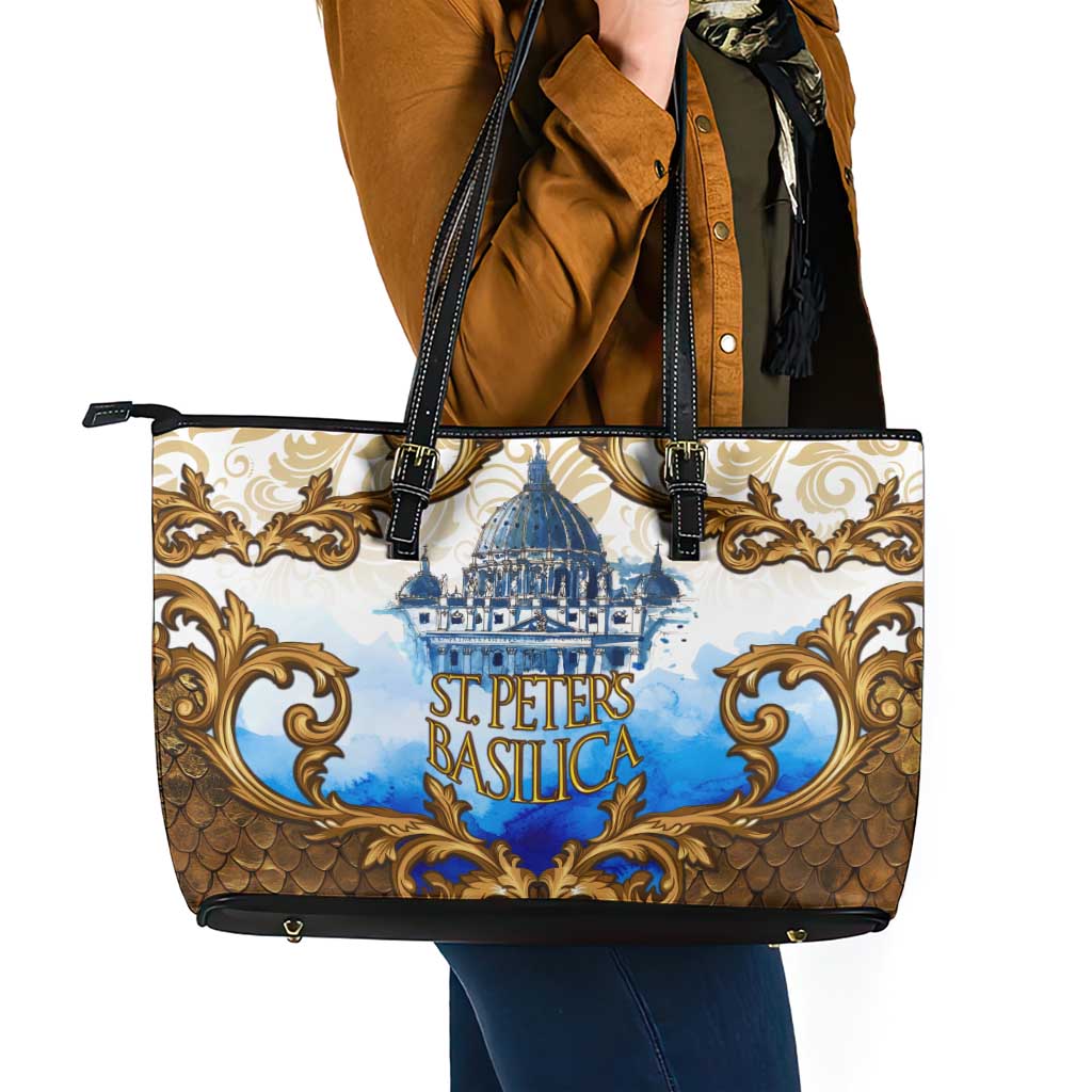 Vatican Baroque Leather Tote Bag St. Peter’s Basilica & Catholic Flag Gold Ornate