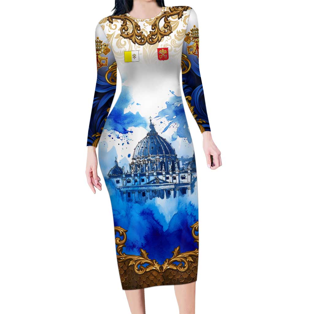 Vatican Baroque Long Sleeve Bodycon Dress St. Peter’s Basilica & Catholic Flag Gold Ornate