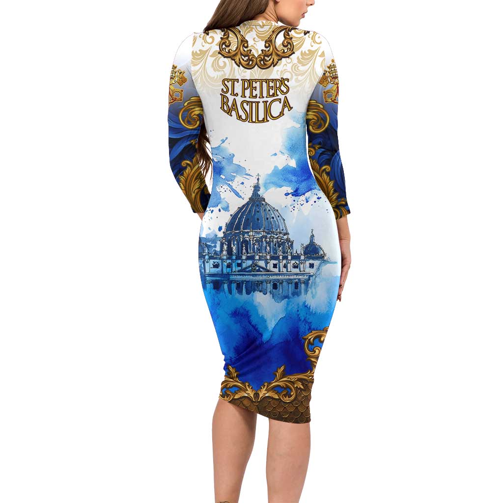 Vatican Baroque Long Sleeve Bodycon Dress St. Peter’s Basilica & Catholic Flag Gold Ornate
