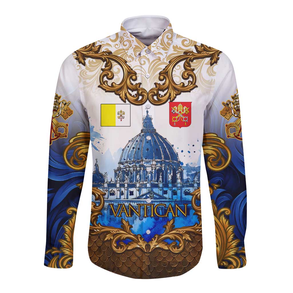 Vatican Baroque Long Sleeve Button Shirt St. Peter’s Basilica & Catholic Flag Gold Ornate