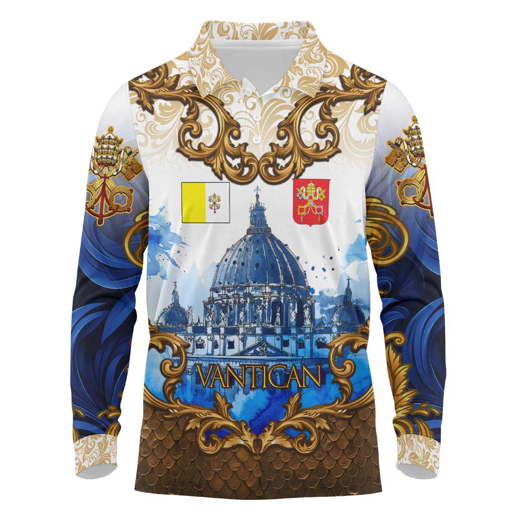 Vatican Baroque Long Sleeve Polo Shirt St. Peter’s Basilica & Catholic Flag Gold Ornate