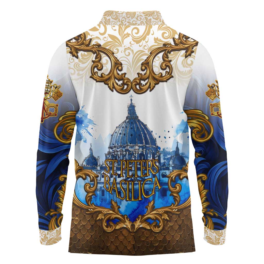 Vatican Baroque Long Sleeve Polo Shirt St. Peter’s Basilica & Catholic Flag Gold Ornate