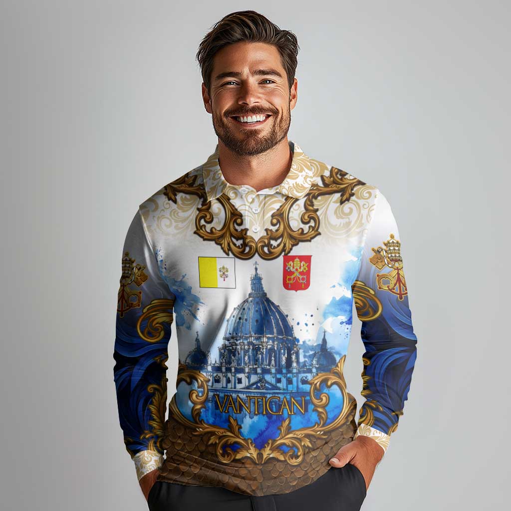 Vatican Baroque Long Sleeve Polo Shirt St. Peter’s Basilica & Catholic Flag Gold Ornate