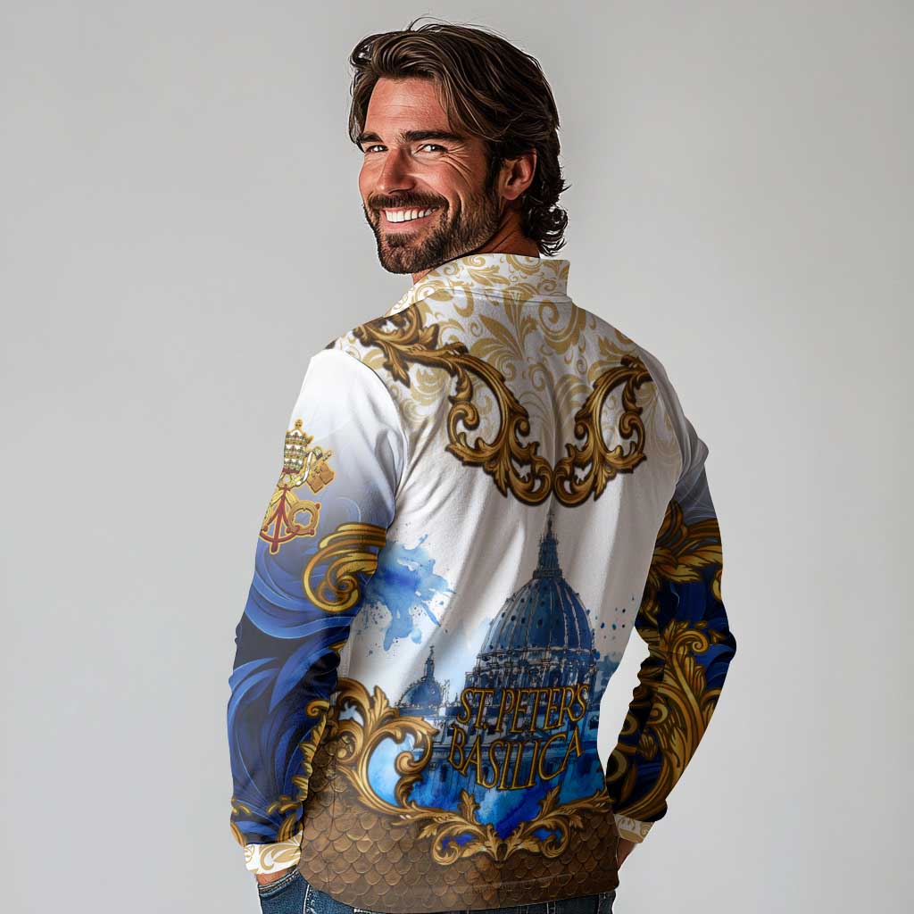 Vatican Baroque Long Sleeve Polo Shirt St. Peter’s Basilica & Catholic Flag Gold Ornate