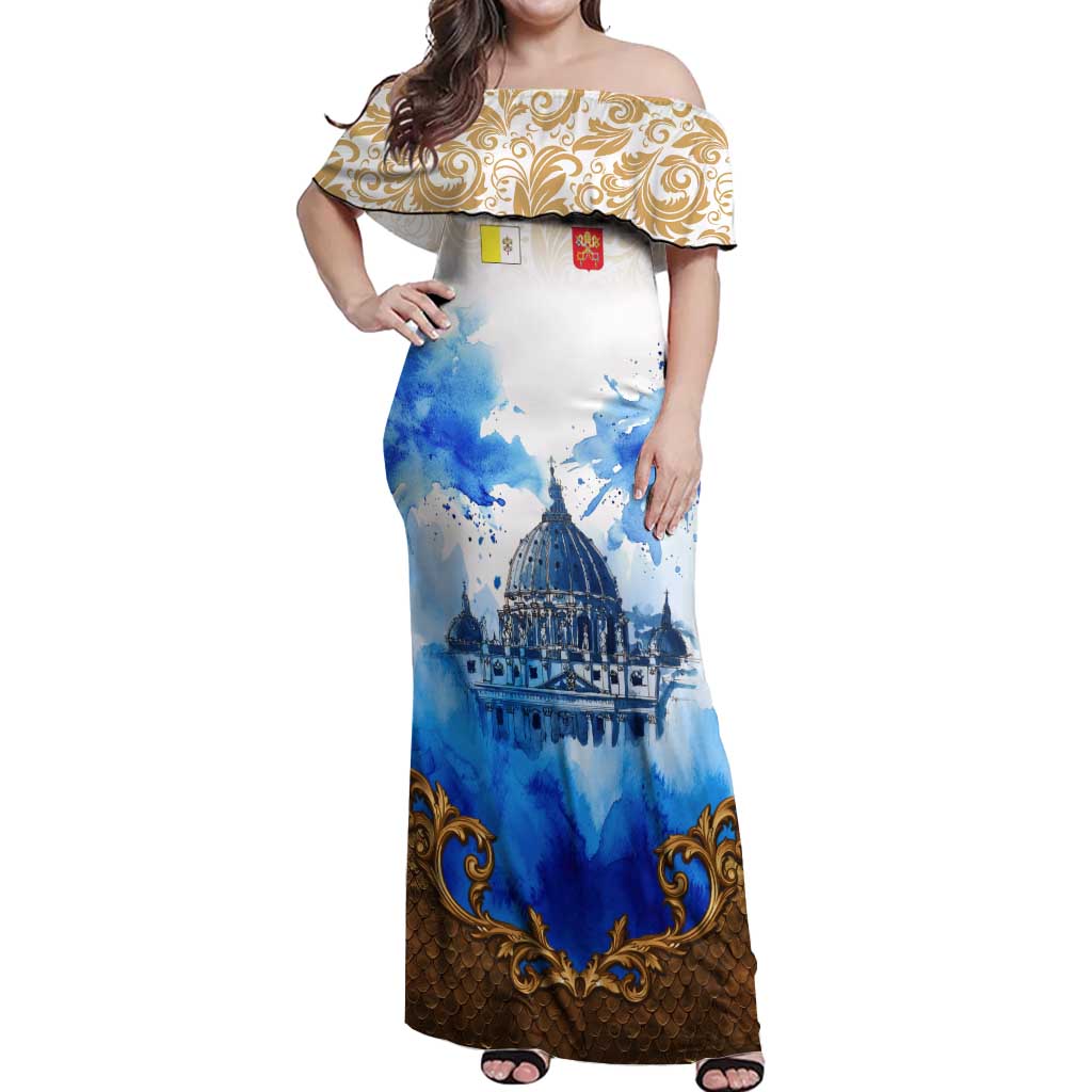 Vatican Baroque Off Shoulder Maxi Dress St. Peter’s Basilica & Catholic Flag Gold Ornate