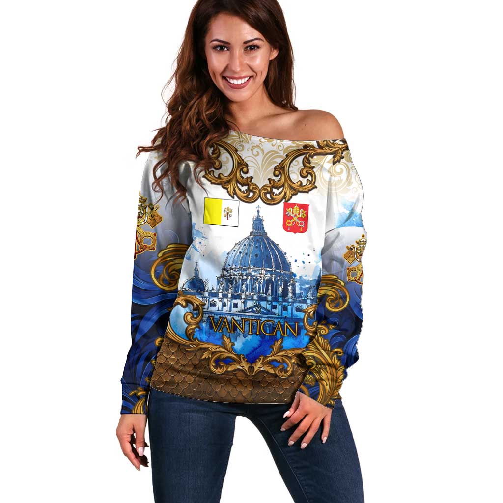 Vatican Baroque Off Shoulder Sweater St. Peter’s Basilica & Catholic Flag Gold Ornate