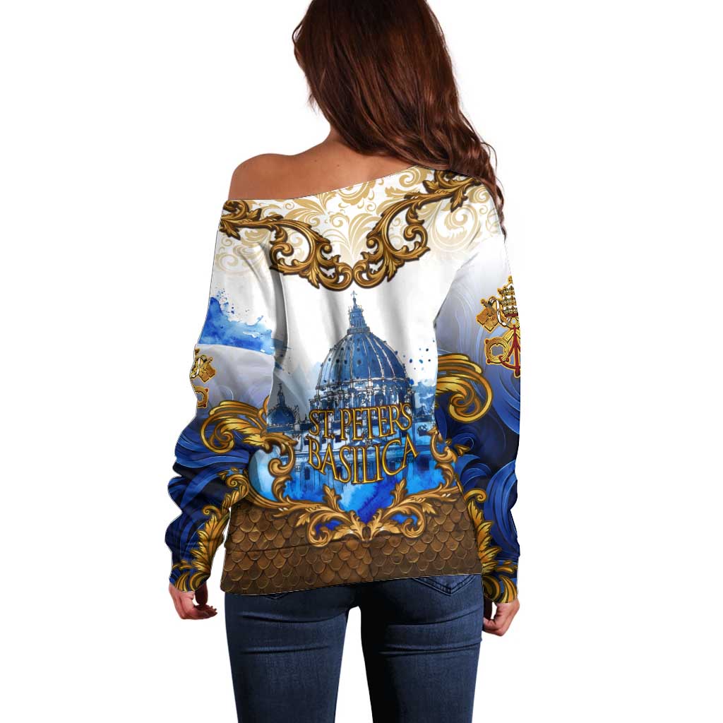 Vatican Baroque Off Shoulder Sweater St. Peter’s Basilica & Catholic Flag Gold Ornate