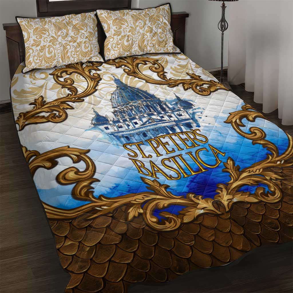 Vatican Baroque Quilt Bed Set St. Peter’s Basilica & Catholic Flag Gold Ornate