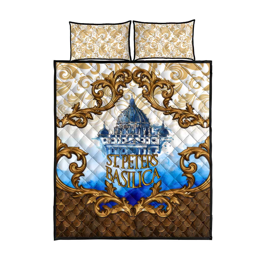 Vatican Baroque Quilt Bed Set St. Peter’s Basilica & Catholic Flag Gold Ornate