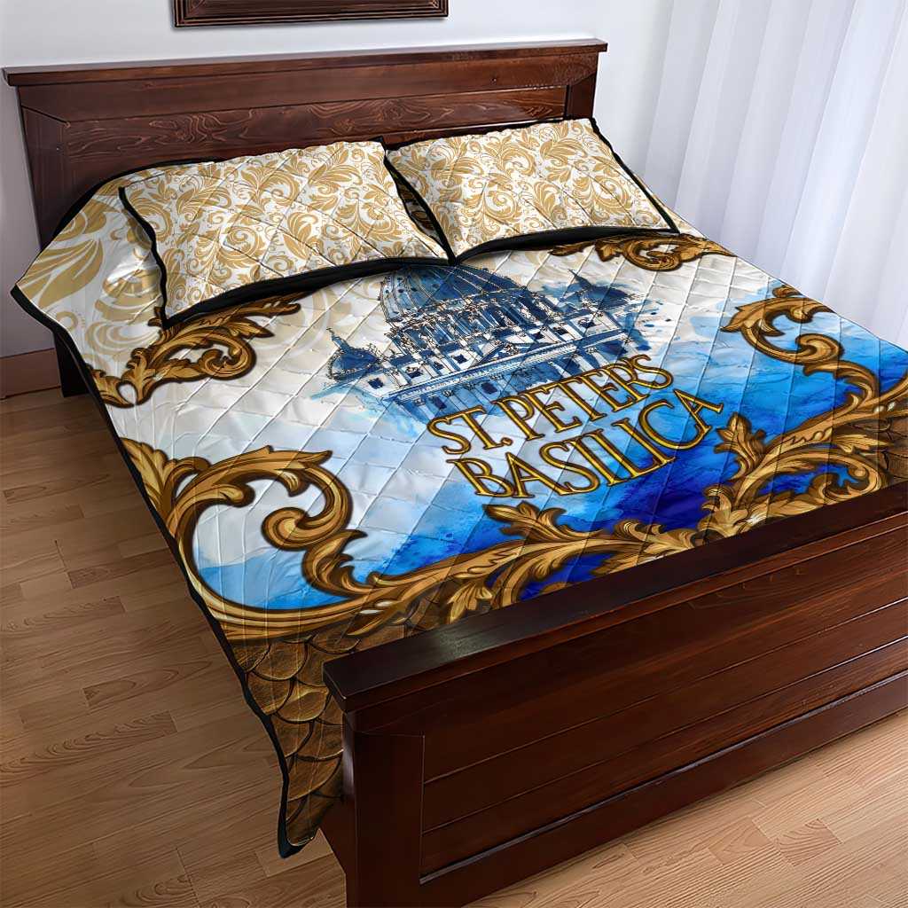 Vatican Baroque Quilt Bed Set St. Peter’s Basilica & Catholic Flag Gold Ornate