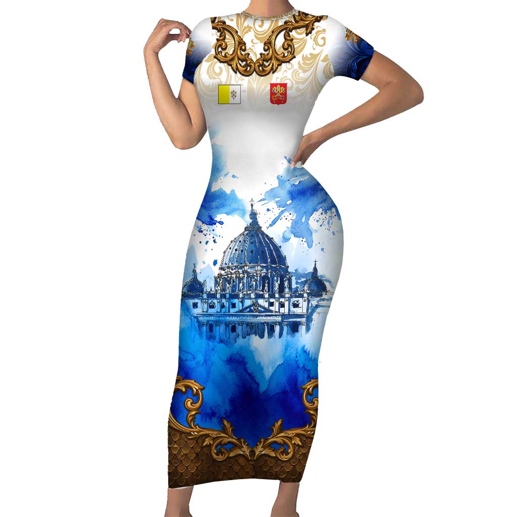 Vatican Baroque Short Sleeve Bodycon Dress St. Peter’s Basilica & Catholic Flag Gold Ornate
