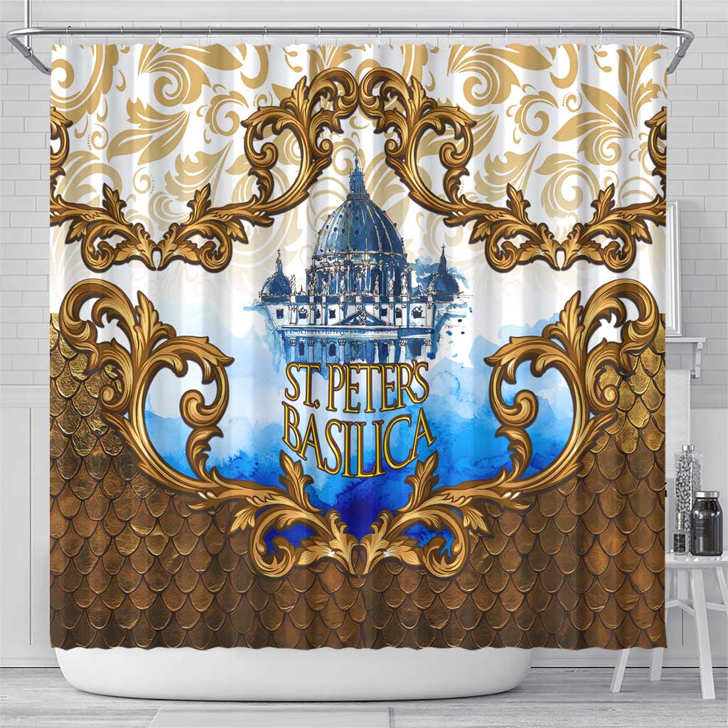 Vatican Baroque Shower Curtain St. Peter’s Basilica & Catholic Flag Gold Ornate
