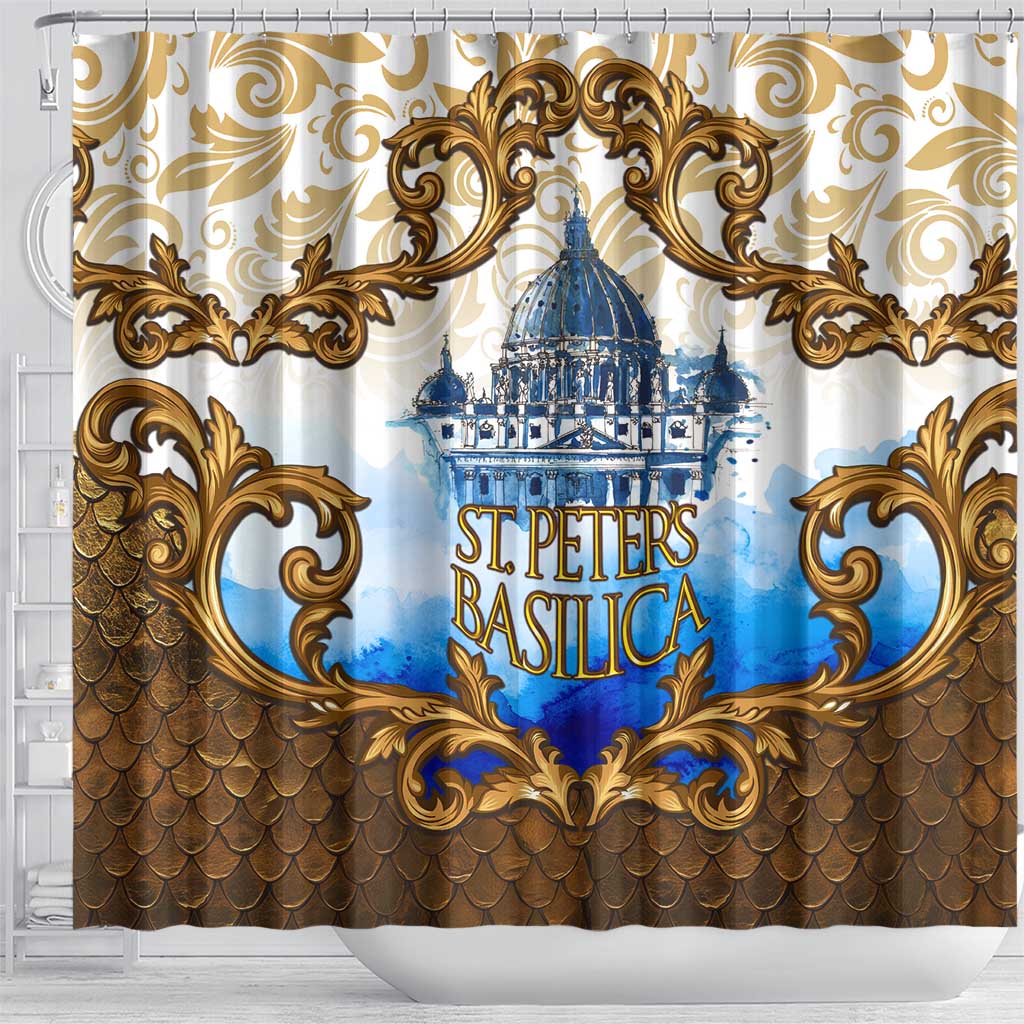 Vatican Baroque Shower Curtain St. Peter’s Basilica & Catholic Flag Gold Ornate