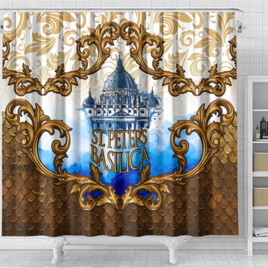 Vatican Baroque Shower Curtain St. Peter’s Basilica & Catholic Flag Gold Ornate