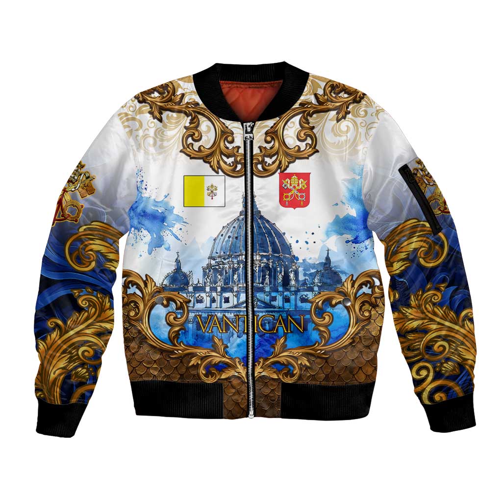 Vatican Baroque Sleeve Zip Bomber Jacket St. Peter’s Basilica & Catholic Flag Gold Ornate