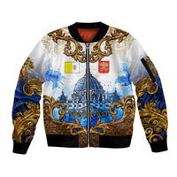 Vatican Baroque Sleeve Zip Bomber Jacket St. Peter’s Basilica & Catholic Flag Gold Ornate