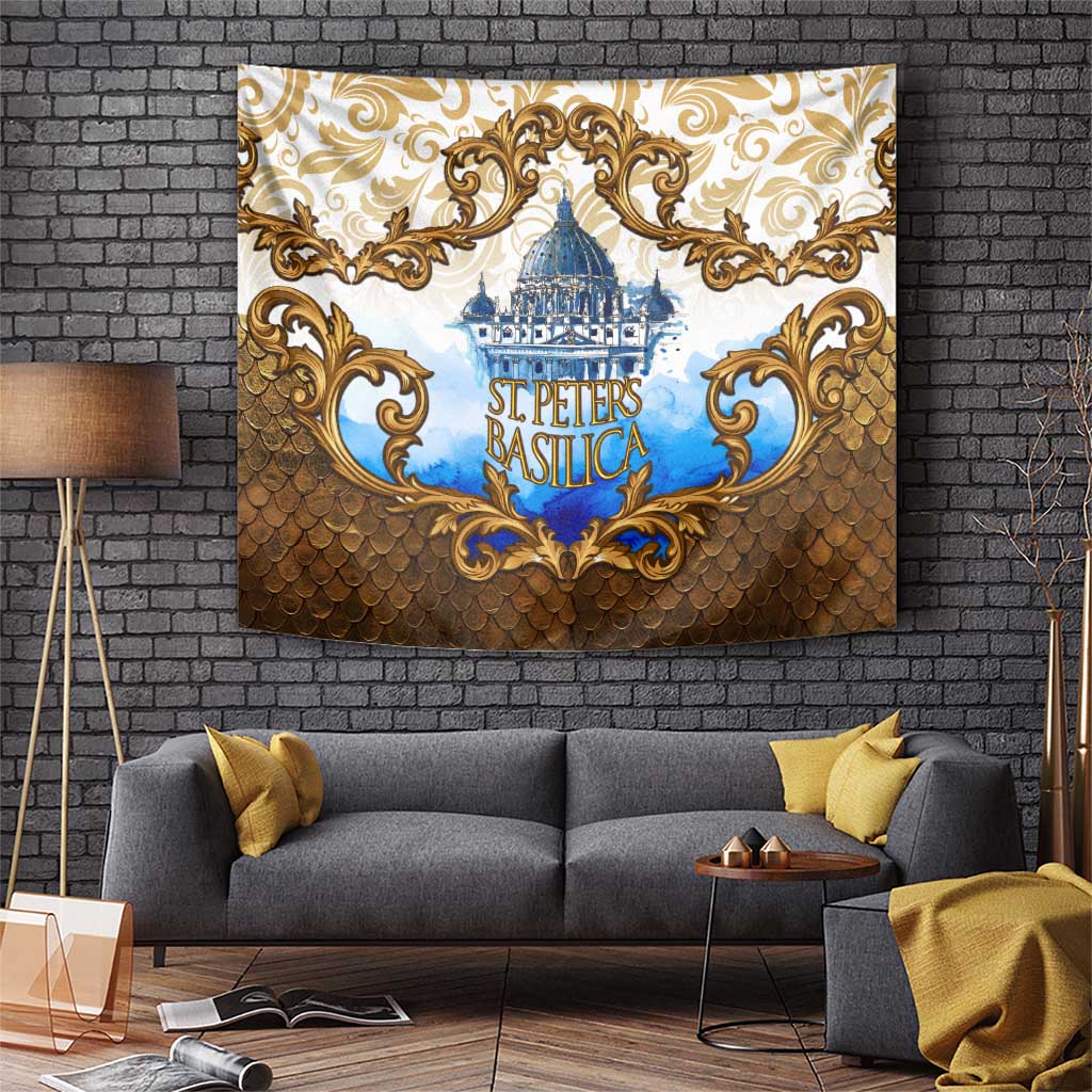 Vatican Baroque Tapestry St. Peter’s Basilica & Catholic Flag Gold Ornate