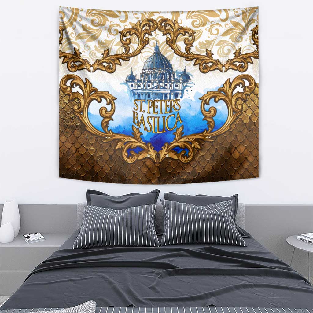 Vatican Baroque Tapestry St. Peter’s Basilica & Catholic Flag Gold Ornate