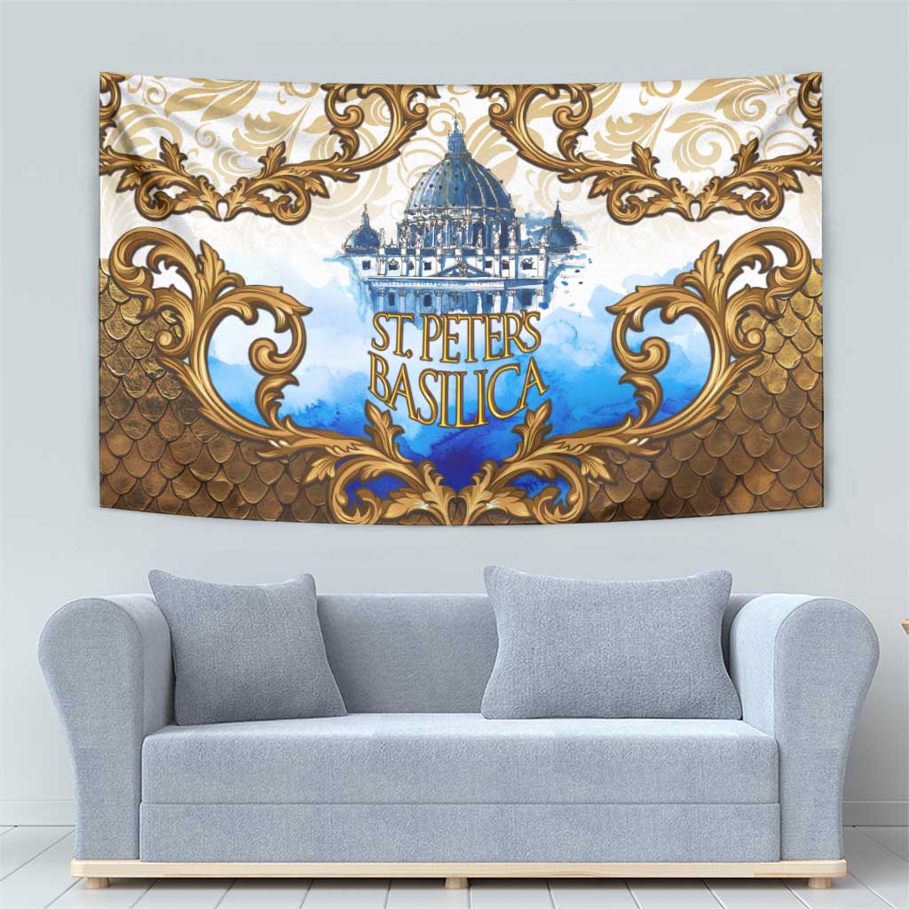 Vatican Baroque Tapestry St. Peter’s Basilica & Catholic Flag Gold Ornate