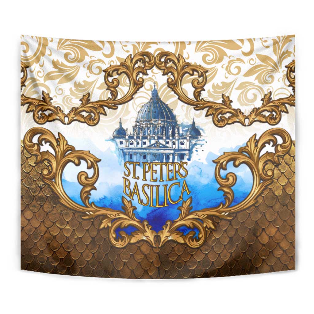 Vatican Baroque Tapestry St. Peter’s Basilica & Catholic Flag Gold Ornate