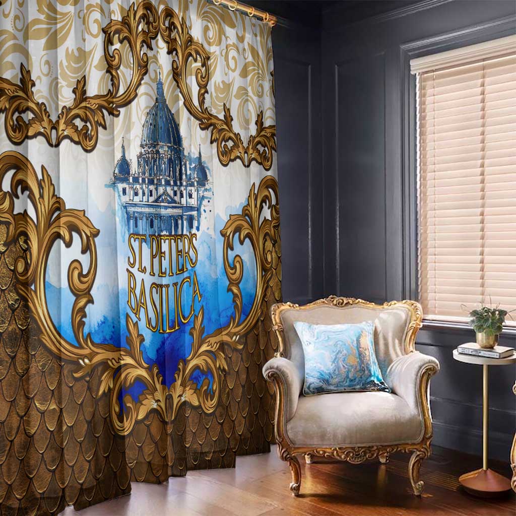 Vatican Baroque Window Curtain St. Peter’s Basilica & Catholic Flag Gold Ornate