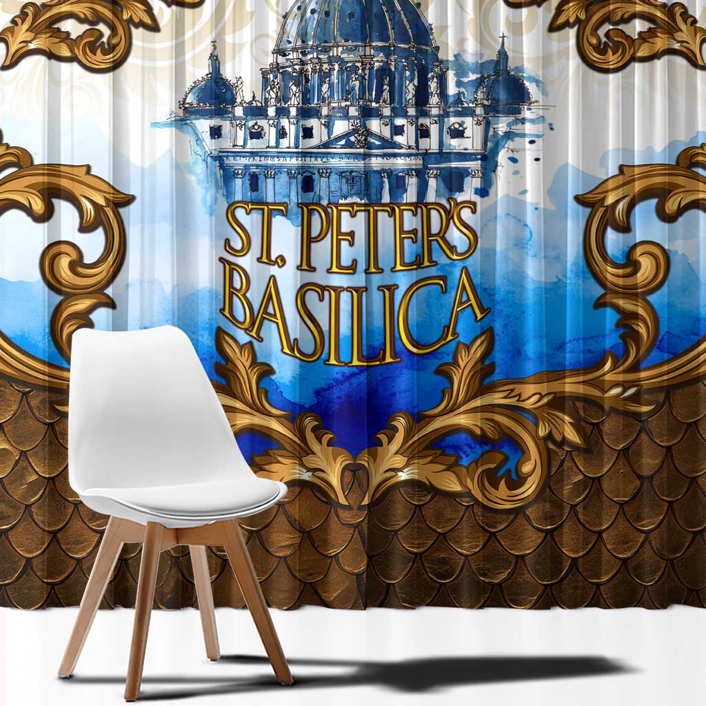 Vatican Baroque Window Curtain St. Peter’s Basilica & Catholic Flag Gold Ornate