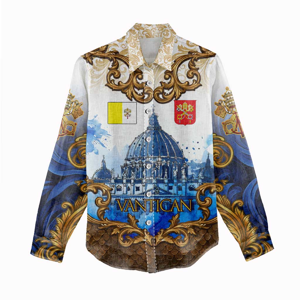 Vatican Baroque Women Casual Shirt St. Peter’s Basilica & Catholic Flag Gold Ornate
