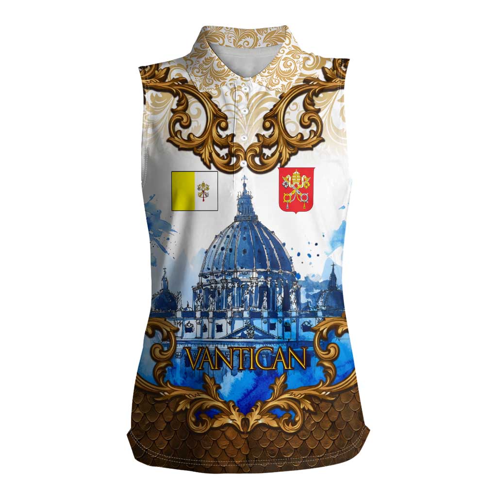 Vatican Baroque Women Sleeveless Polo Shirt St. Peter’s Basilica & Catholic Flag Gold Ornate