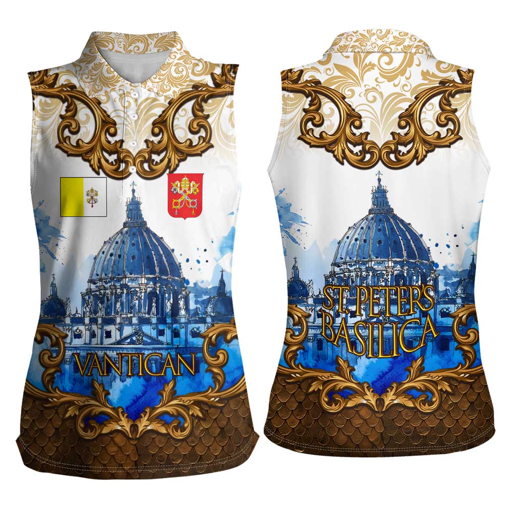 Vatican Baroque Women Sleeveless Polo Shirt St. Peter’s Basilica & Catholic Flag Gold Ornate