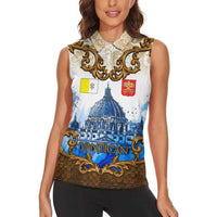 Vatican Baroque Women Sleeveless Polo Shirt St. Peter’s Basilica & Catholic Flag Gold Ornate