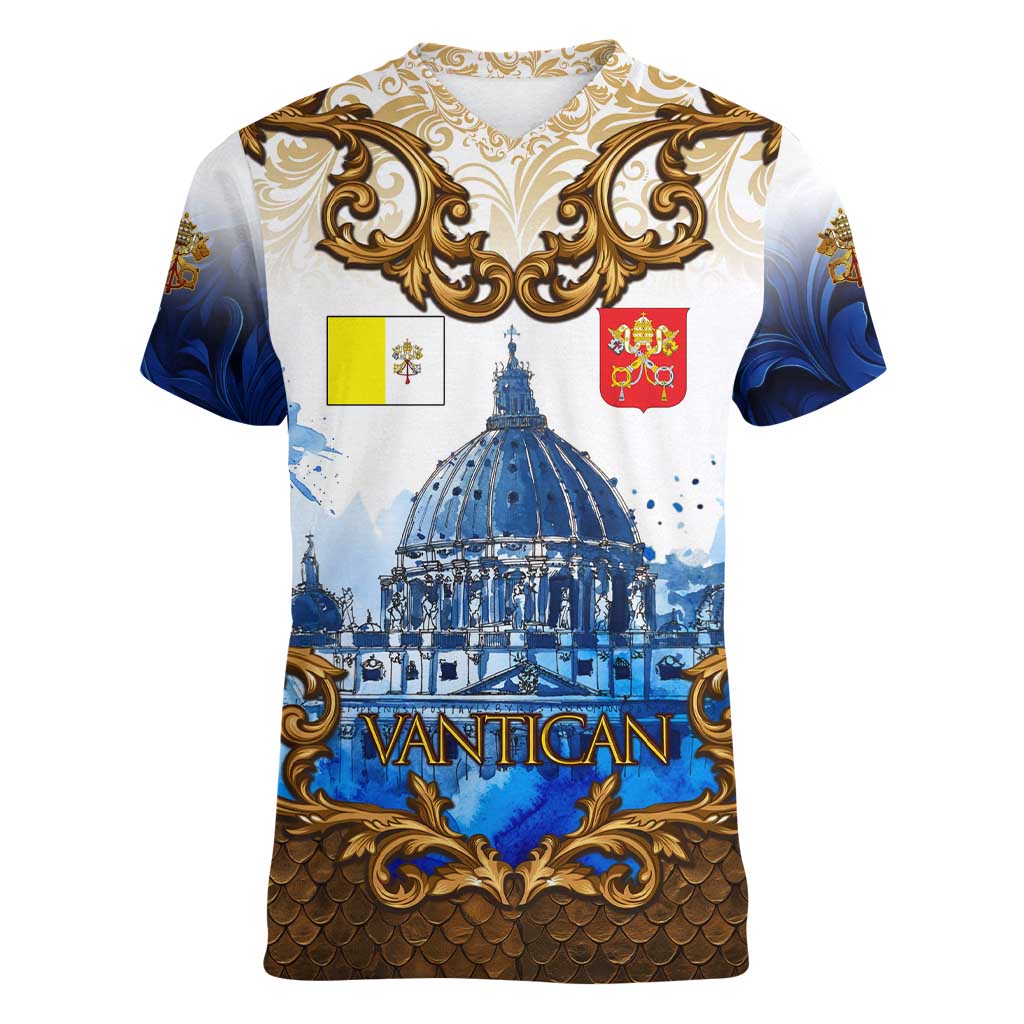 Vatican Baroque Women V-Neck T-Shirt St. Peter’s Basilica & Catholic Flag Gold Ornate