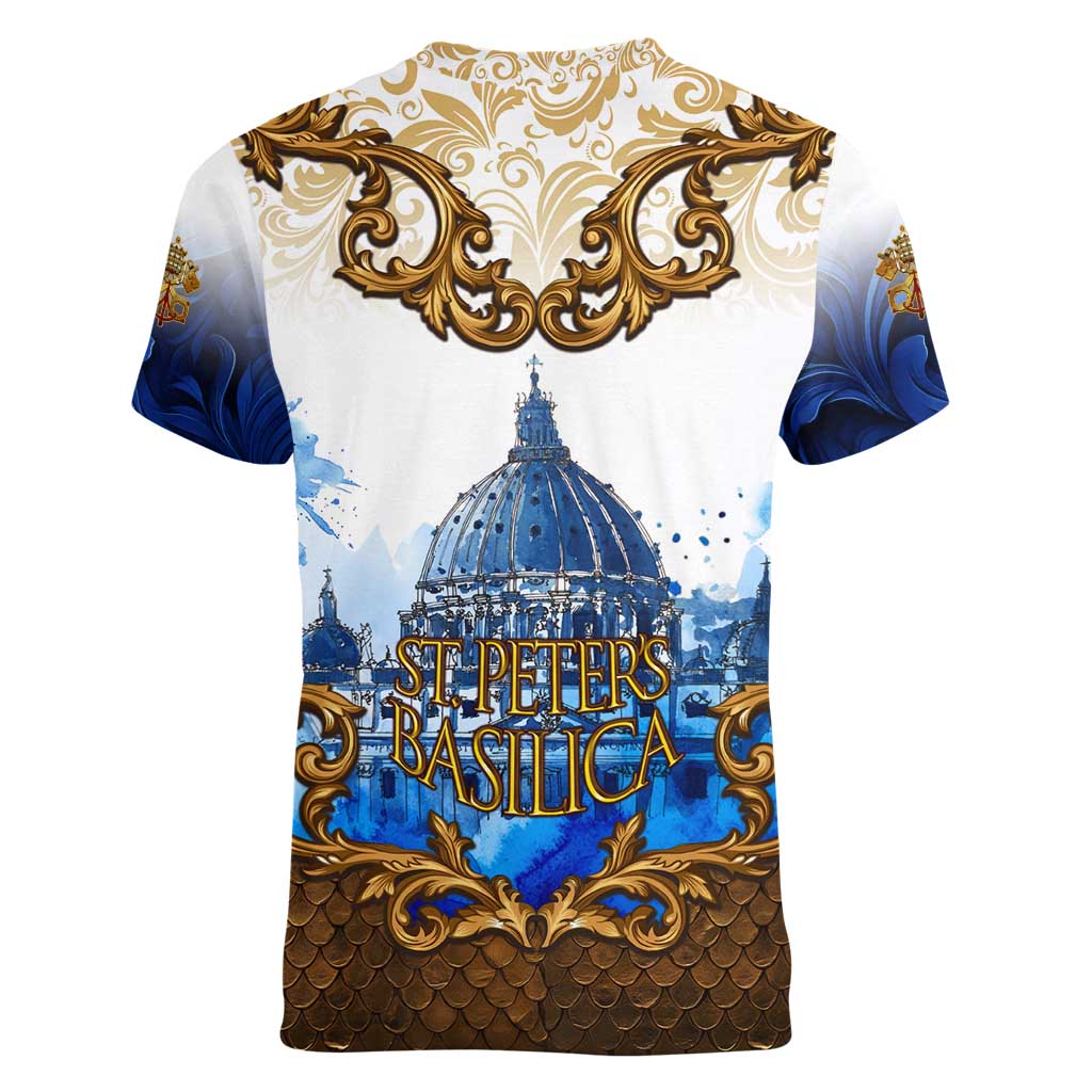 Vatican Baroque Women V-Neck T-Shirt St. Peter’s Basilica & Catholic Flag Gold Ornate
