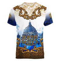 Vatican Baroque Women V-Neck T-Shirt St. Peter’s Basilica & Catholic Flag Gold Ornate