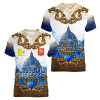 Vatican Baroque Women V-Neck T-Shirt St. Peter’s Basilica & Catholic Flag Gold Ornate