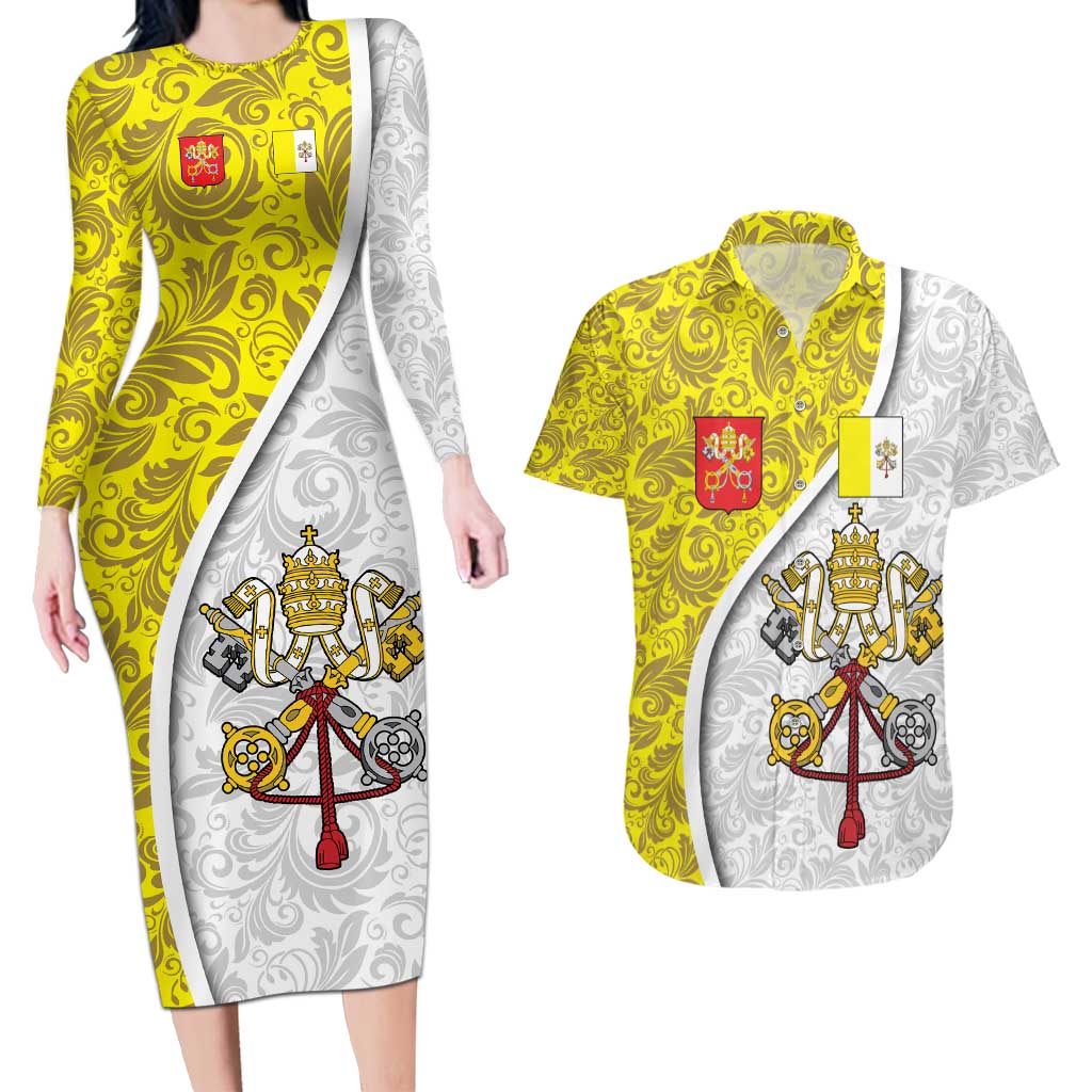 Vatican City Couples Matching Long Sleeve Bodycon Dress and Hawaiian Shirt Papal Keys & Tiara Emblem with Gold Baroque Pattern