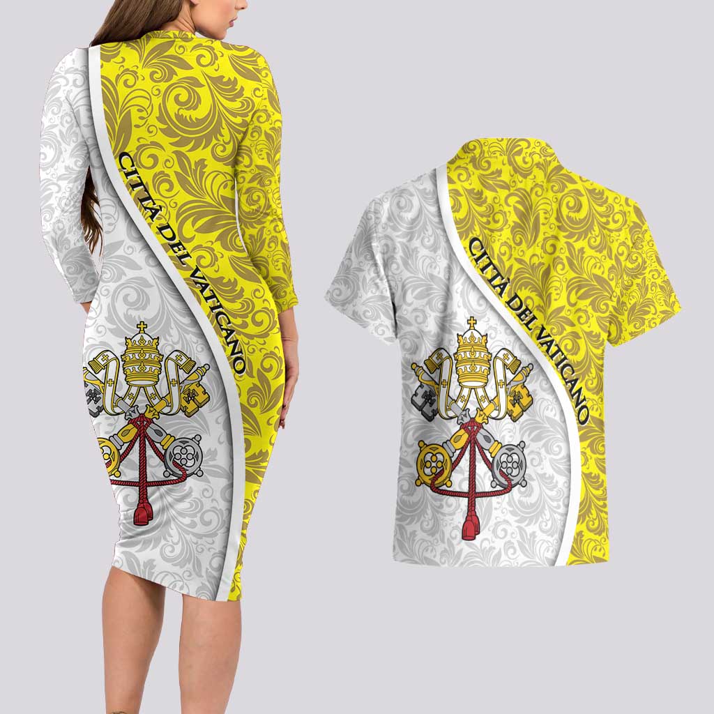 Vatican City Couples Matching Long Sleeve Bodycon Dress and Hawaiian Shirt Papal Keys & Tiara Emblem with Gold Baroque Pattern