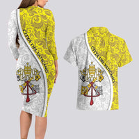 Vatican City Couples Matching Long Sleeve Bodycon Dress and Hawaiian Shirt Papal Keys & Tiara Emblem with Gold Baroque Pattern