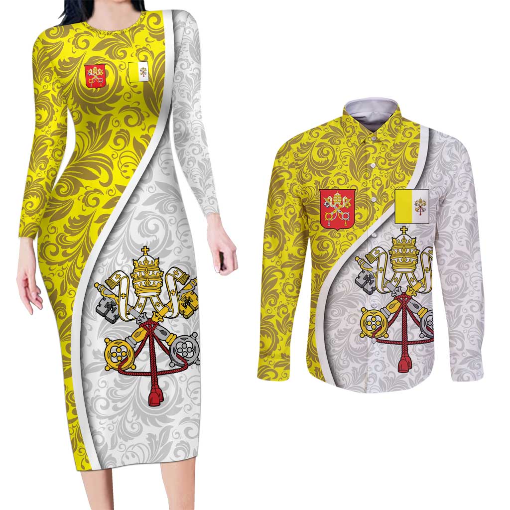 Vatican City Couples Matching Long Sleeve Bodycon Dress and Long Sleeve Button Shirt Papal Keys & Tiara Emblem with Gold Baroque Pattern